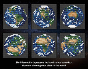 Views of our Planet Earth cross stitch patterns. Six different Earth patterns included so you can stitch the view showing your place in the world.