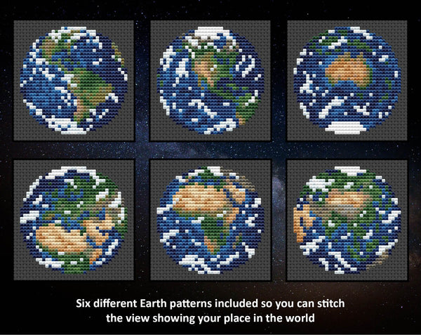 Views of our Planet Earth cross stitch patterns. Six different Earth patterns included so you can stitch the view showing your place in the world.