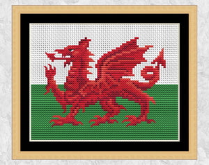 Welsh Dragon cross stitch pattern. Shown in frame.