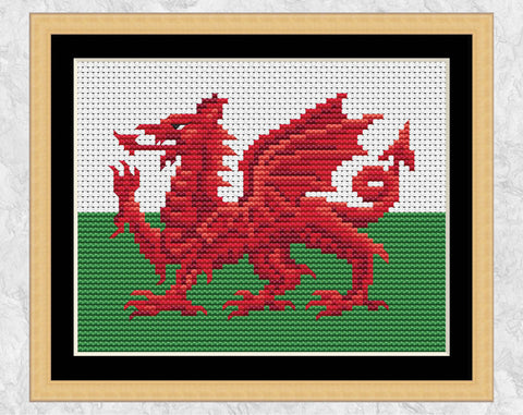 Welsh Dragon cross stitch pattern. Shown in frame.