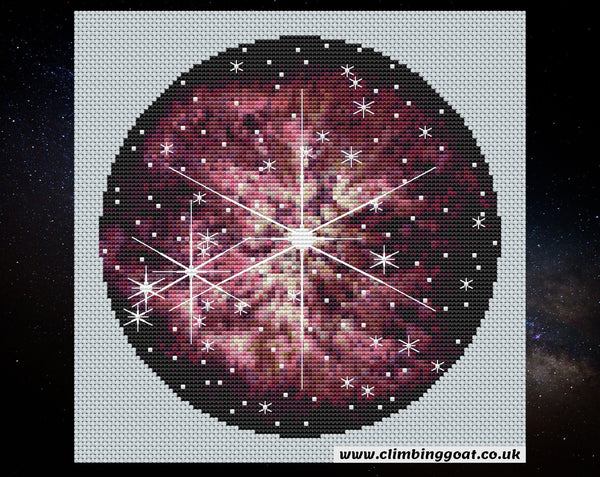 Wolf-Rayet 123 cross stitch pattern. A large star in the centre of the image is puffing off layers of pink gas and dust. Many other stars are in the picture. Some of the stars have large 8 line diffraction spikes, seen only in JWST images. Shown without frame.