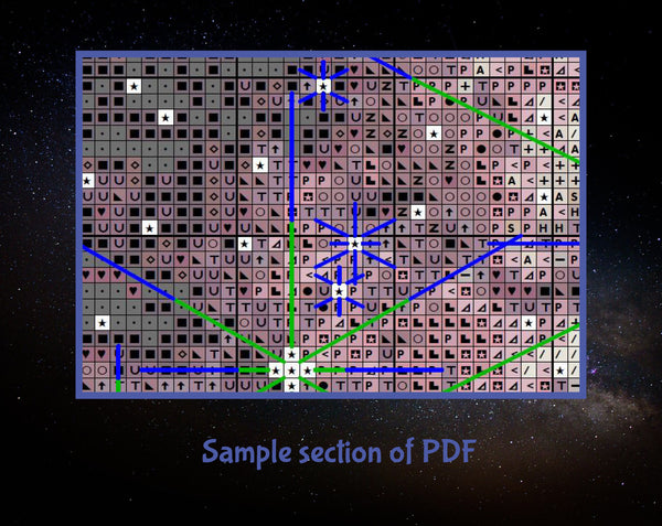 Wolf-Rayet 123 cross stitch pattern. A large star in the centre of the image is puffing off layers of pink gas and dust. Many other stars are in the picture. Section of PDF.