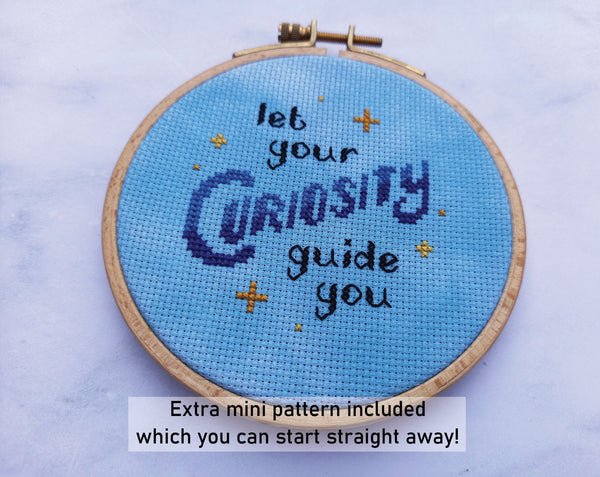 Her Science, Her Story: Women in Science Stitchalong (cross stitch pattern).

Extra mini pattern included which you can start straight away!

Image shows photograph of a 4 inch hoop with a cross stitched quote: 'let your curiosity guide you'.