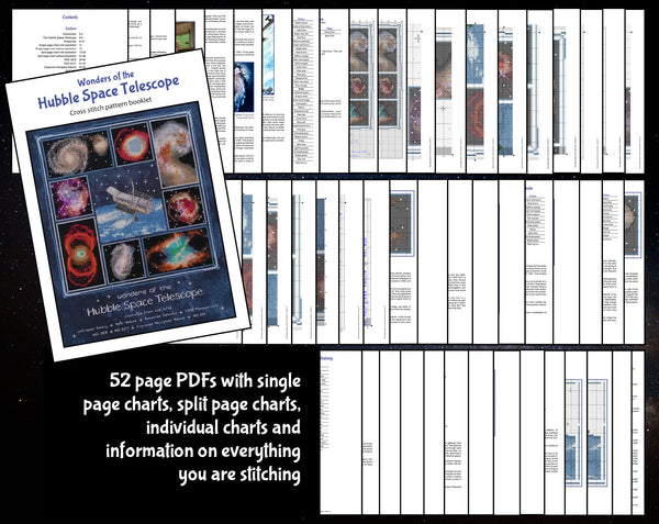 52 page PDFs with single page charts, split page charts, individual charts and information on everything you are stitching