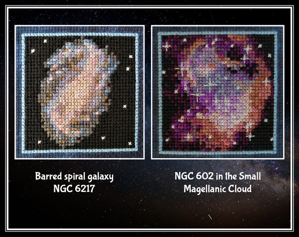 Close up of sections of the pattern: Barred spiral galaxy NGC 6217 and NGC 602 in the Small Magellanic Cloud.