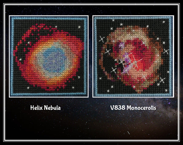 Close up of sections of the pattern: Helix Nebula and V838 Monocerotis.