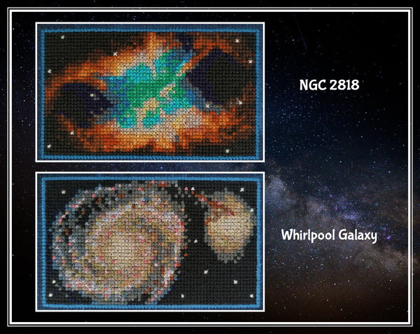 Close up of sections of the pattern: NGC 2818 and Whirlpool Galaxy.