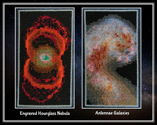 Close up of sections of the pattern: Engraved Hourglass Nebula and Antennae Galaxies.