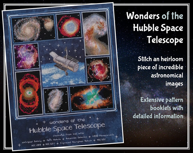 Wonders of the Hubble Space Telescope cross stitch pattern. Stitch an heirloom piece of incredible astronomical images. Extensive pattern booklets with detailed information.