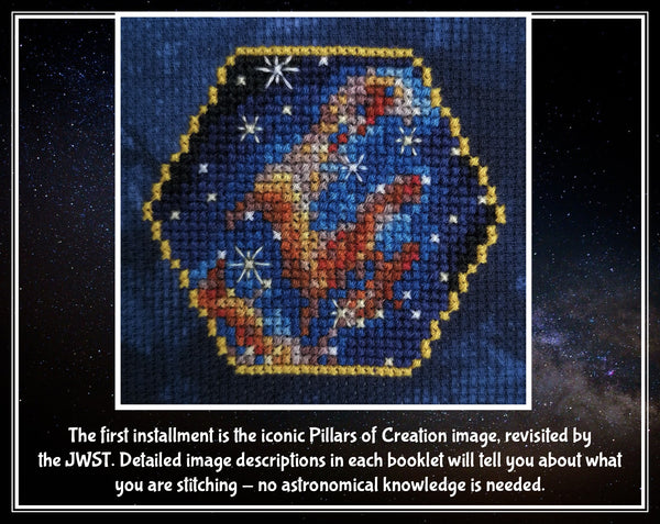 Image of cross stitched Pillars of Creation with the text: "The first installment is the iconic Pillars of Creation image, revisited by the JWST. Detailed image descriptions in each booklet will tell you about what you are stitching - no astronomical knowledge is needed."