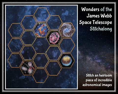 Wonders of the James Webb Space Telescope Stitchalong cross stitch pattern. Stitch an heirloom piece of incredible astronomical images.