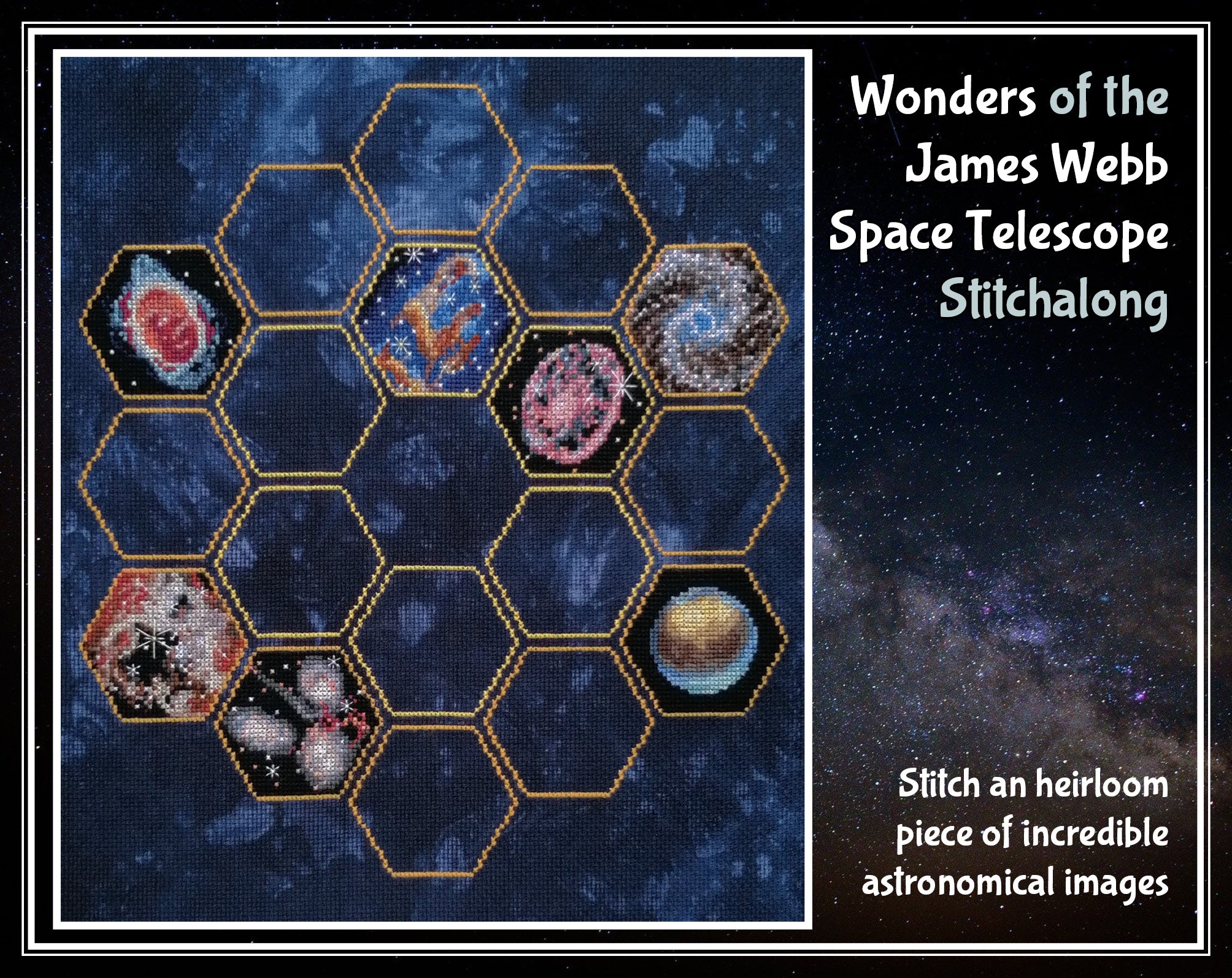 Wonders of the James Webb Space Telescope Stitchalong cross stitch pattern. Stitch an heirloom piece of incredible astronomical images.