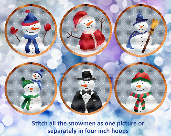 Set of six snowmen shown in separate four inch hoops. The snowmen have varying costumes - scarves and hats, Santa outfit, wizard outfit, parent and child, and tuxedo suit.