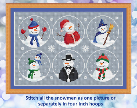 "A Gathering of Snowmen" Christmas cross stitch pattern. Six snowmen designs in circles with snowflakes around them. You can stitch all the snowmen as one picture or separately in four inch hoops.