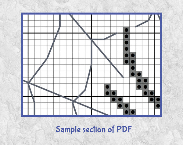A Spider's Heart cross stitch pattern. A large spider in a heart-shaped web. Section of PDF.