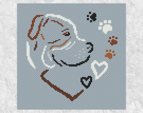 American Bulldog Heart cross stitch pattern. Shown without frame.