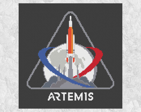 Artemis Mission Patch (NASA moon landings mission) cross stitch pattern. Shown without frame.