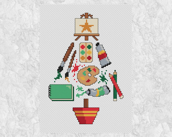 Artists' Christmas Tree cross stitch pattern. Shown without frame.