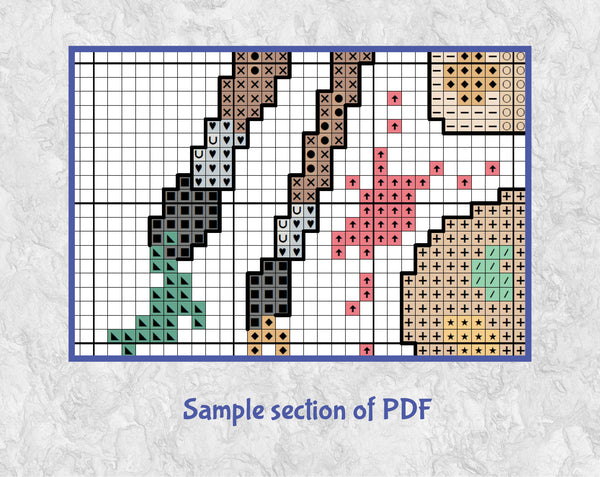 Artists' Christmas Tree cross stitch pattern. Section of PDF.