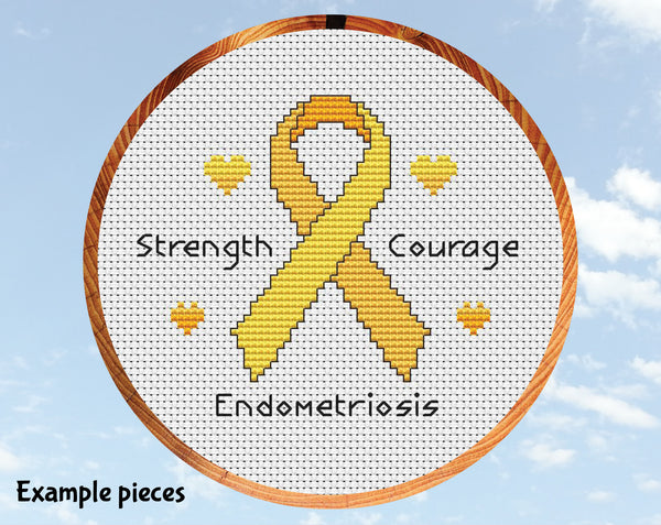 Free awareness ribbon cross stitch pattern. Example yellow ribbon with example condition Endometrioisis.