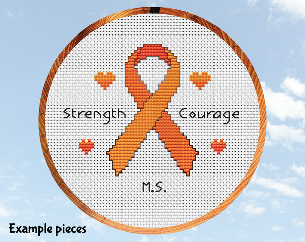 Free awareness ribbon cross stitch pattern. Example orange ribbon with example condition M.S.