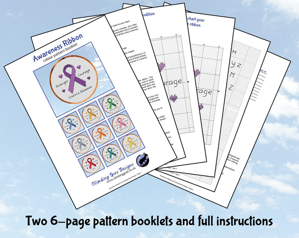 Free awareness ribbon cross stitch pattern. Two 6-page pattern booklets and full instructions.