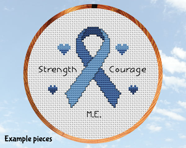 Free awareness ribbon cross stitch pattern. Example blue ribbon with example condition M.E.