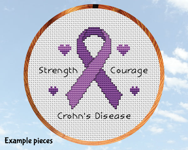 Free awareness ribbon cross stitch pattern. Example purple ribbon with example condition Crohn's Disease.