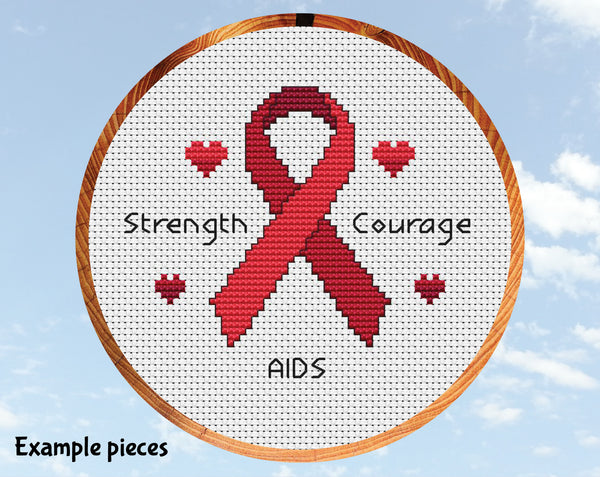 Free awareness ribbon cross stitch pattern. Example red ribbon with example condition AIDS.