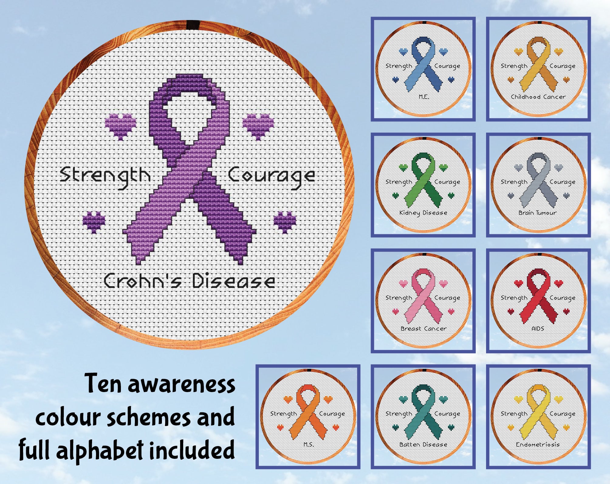 Free awareness ribbon cross stitch pattern. Awareness ribbon with the words Strength and Courage and an illness or disability underneath. Ten awareness colour scheems and full alphabet included.
