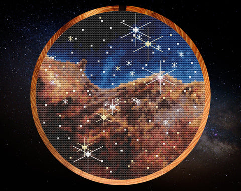 Carina Nebula cross stitch pattern - James Webb Space Telescope astronomy image. Shown in hoop.