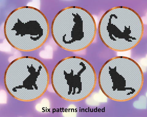 Cat Silhouettes cross stitch patterns. Six patterns included.