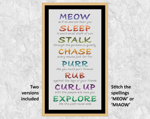 Cat poem cross stitch pattern - shown in frame