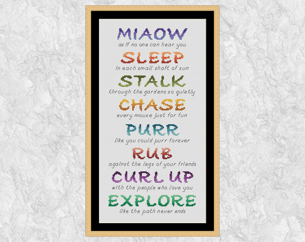 Cat poem cross stitch pattern - shown without frame