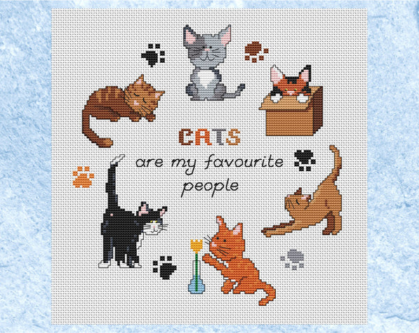 Cat cross stitch pattern - six different coloured cats in a hoop with the words 'CATS are my favourite people'. UK version without frame.