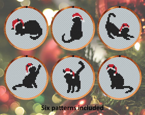 Cats in Christmas Hats cross stitch patterns. Set of six designs shown in 3 inch hoops.