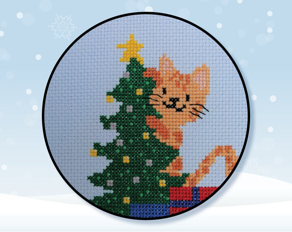Christmas Cats cross stitch pattern. Close up of one cat.