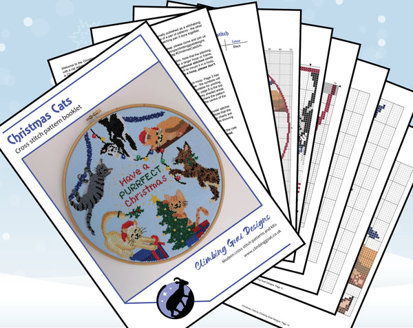 Christmas Dogs and Christmas Cats cross stitch patterns. Pages of Christmas Cats PDF pattern booklet.
