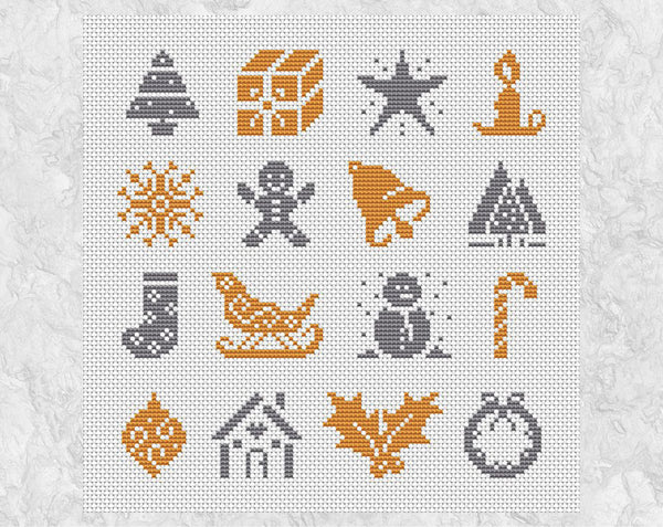 Cross stitch pattern of mini Christmas motifs suitable for Christmas cards or gift tags. The motifs shown are: Single Christmas tree; gift; star; candle; snowflake; gingebread man; bell; several Christmas trees; stocking; sleigh; snowman; candy cane; bauble; gingerbread house; holly; wreath. Shown without frame.