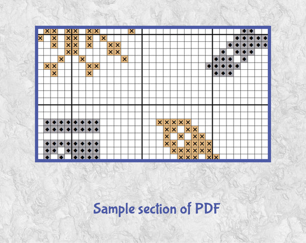 Cross stitch pattern of mini Christmas motifs suitable for Christmas cards or gift tags. The motifs shown are: Single Christmas tree; gift; star; candle; snowflake; gingebread man; bell; several Christmas trees; stocking; sleigh; snowman; candy cane; bauble; gingerbread house; holly; wreath. Sample section of PDF.