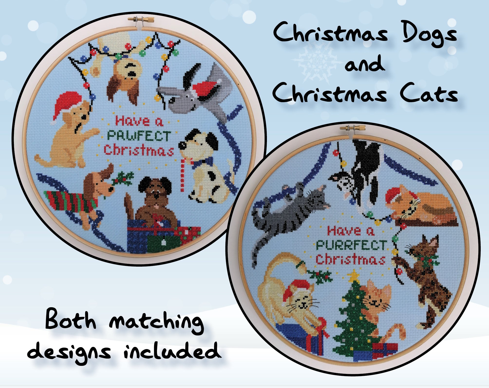Christmas Dogs and Christmas Cats cross stitch patterns. Both matching designs included.