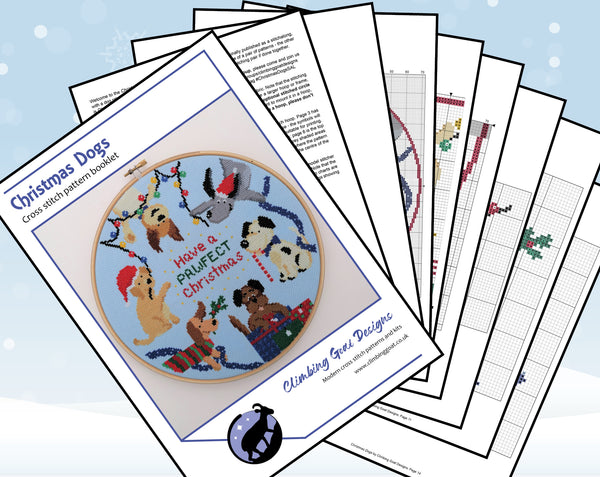 Christmas Dogs and Christmas Cats cross stitch patterns. Pages of Christmas Dogs PDF pattern booklet.