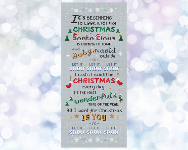 Christmas Songs cross stitch pattern. A large pattern of a poem made up of popular Christmas song titles. Shown without frame.