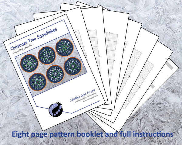 Christmas Tree Snowflakes cross stitch patterns. Pages of PDF: Eight page pattern booklet and full instructions.