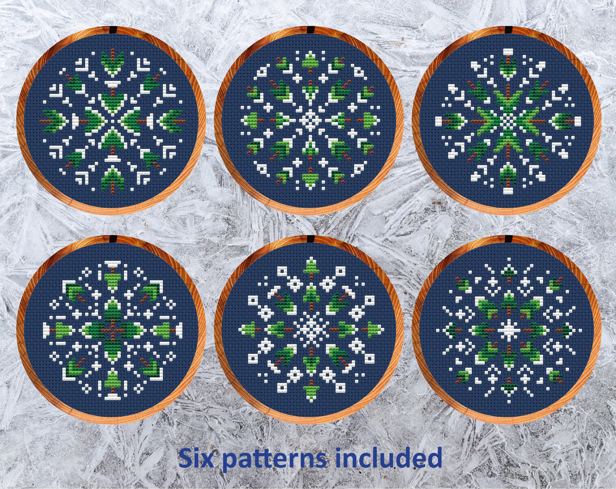 Christmas Tree Snowflakes cross stitch patterns. Fun snowflakes designs with mini Christmas trees within them. Six patterns included.
