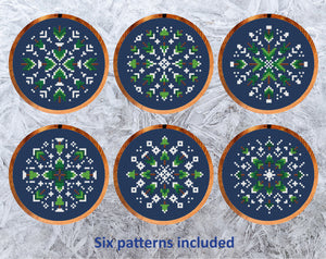 Christmas Tree Snowflakes cross stitch patterns. Fun snowflakes designs with mini Christmas trees within them. Six patterns included.