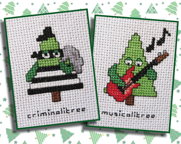 Cross stitch images of 'criminalitree' and musicalitree'.