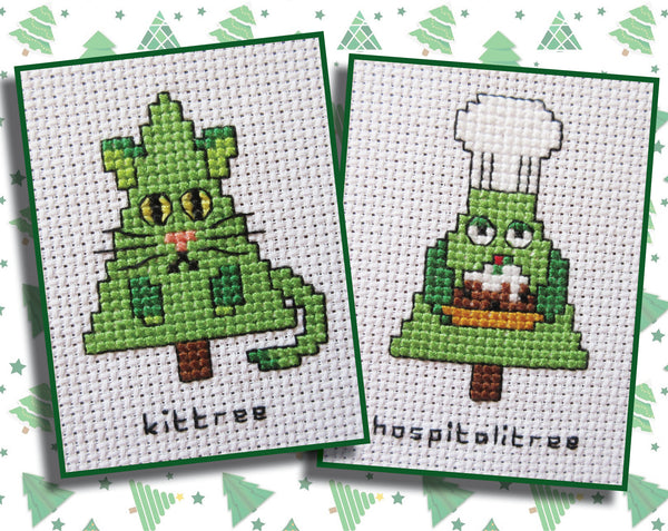 Cross stitch images of 'kittree' and 'hospitalitree'