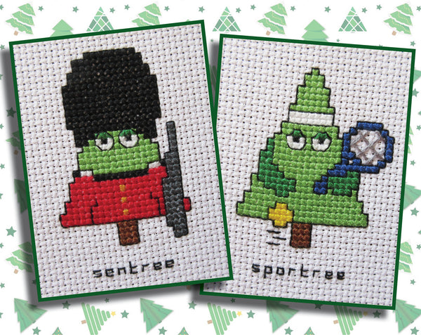 Cross stitch images of 'sentree' and 'sportree'