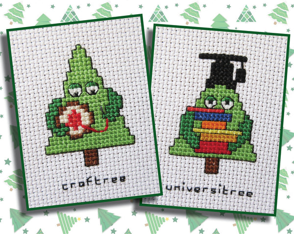Cross stitch images of 'craftree' and 'universitree'